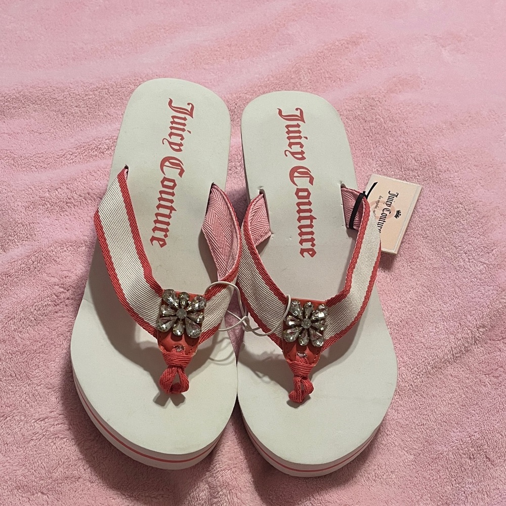 Juicy Couture Pink and White Wedge Flip Flops
